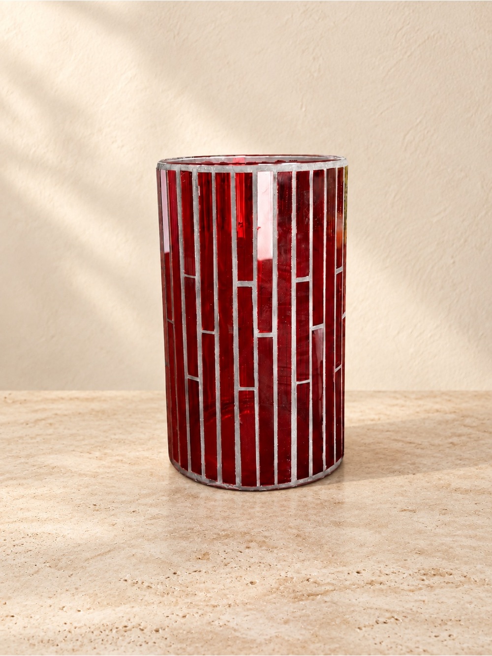 Red Glass Mosaic Cylinder Votive Holder - Home Art
